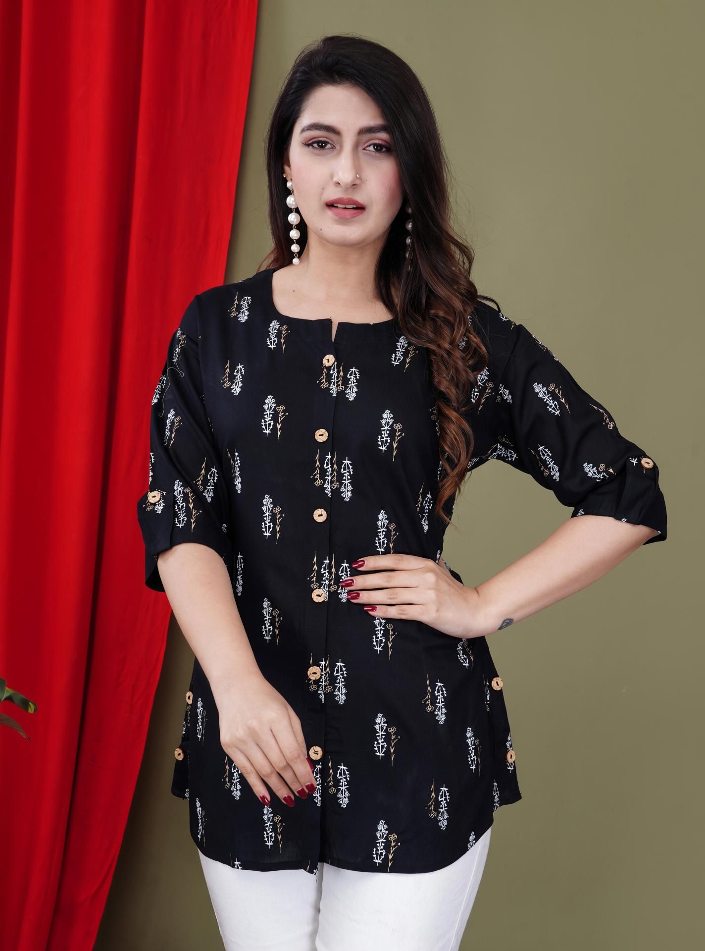 Casual Roll Up Sleeves Printed Women Black, Gold, White Top-image-14