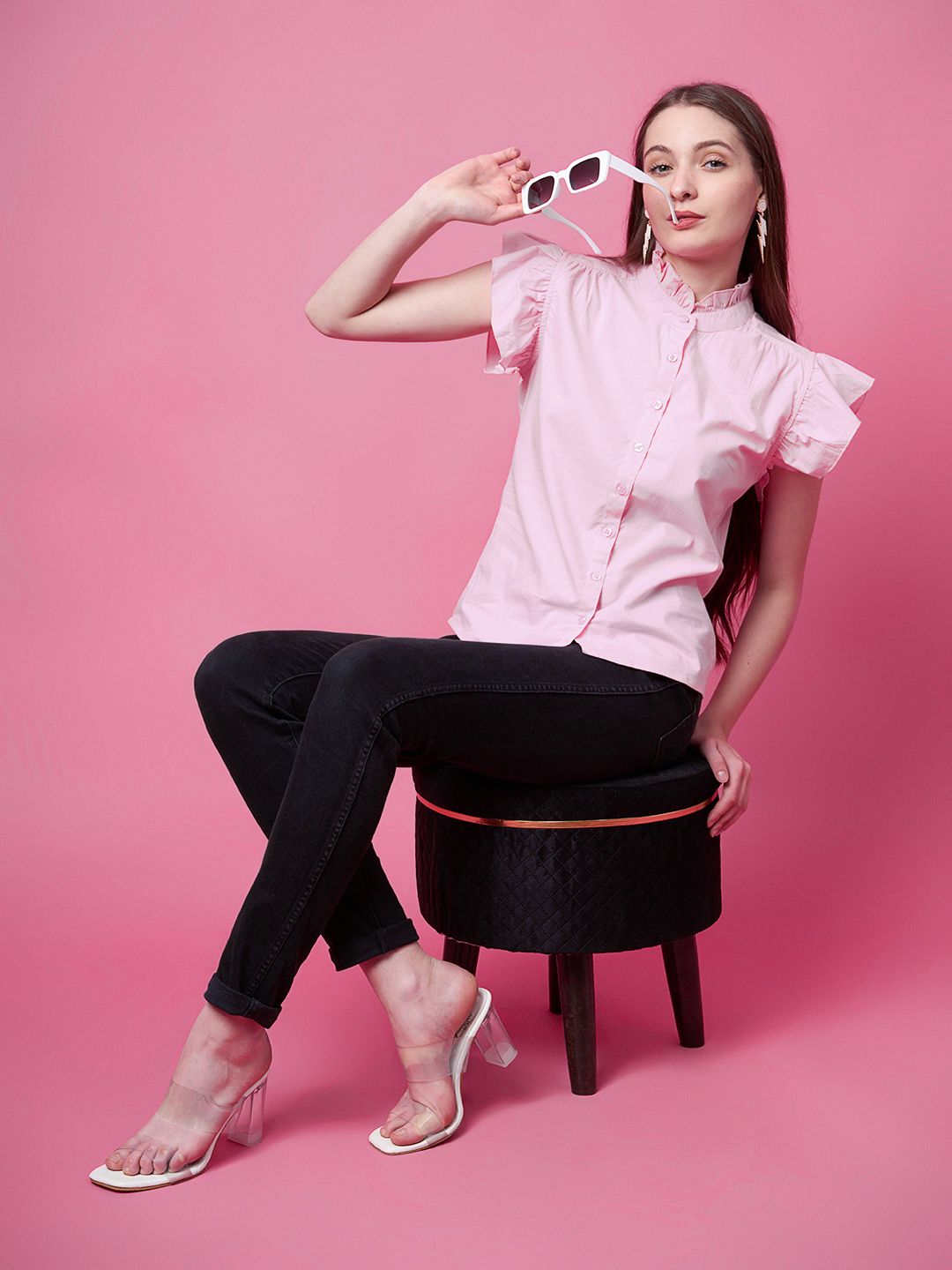 Party Flared Sleeves Solid Women Pink Top-image-43