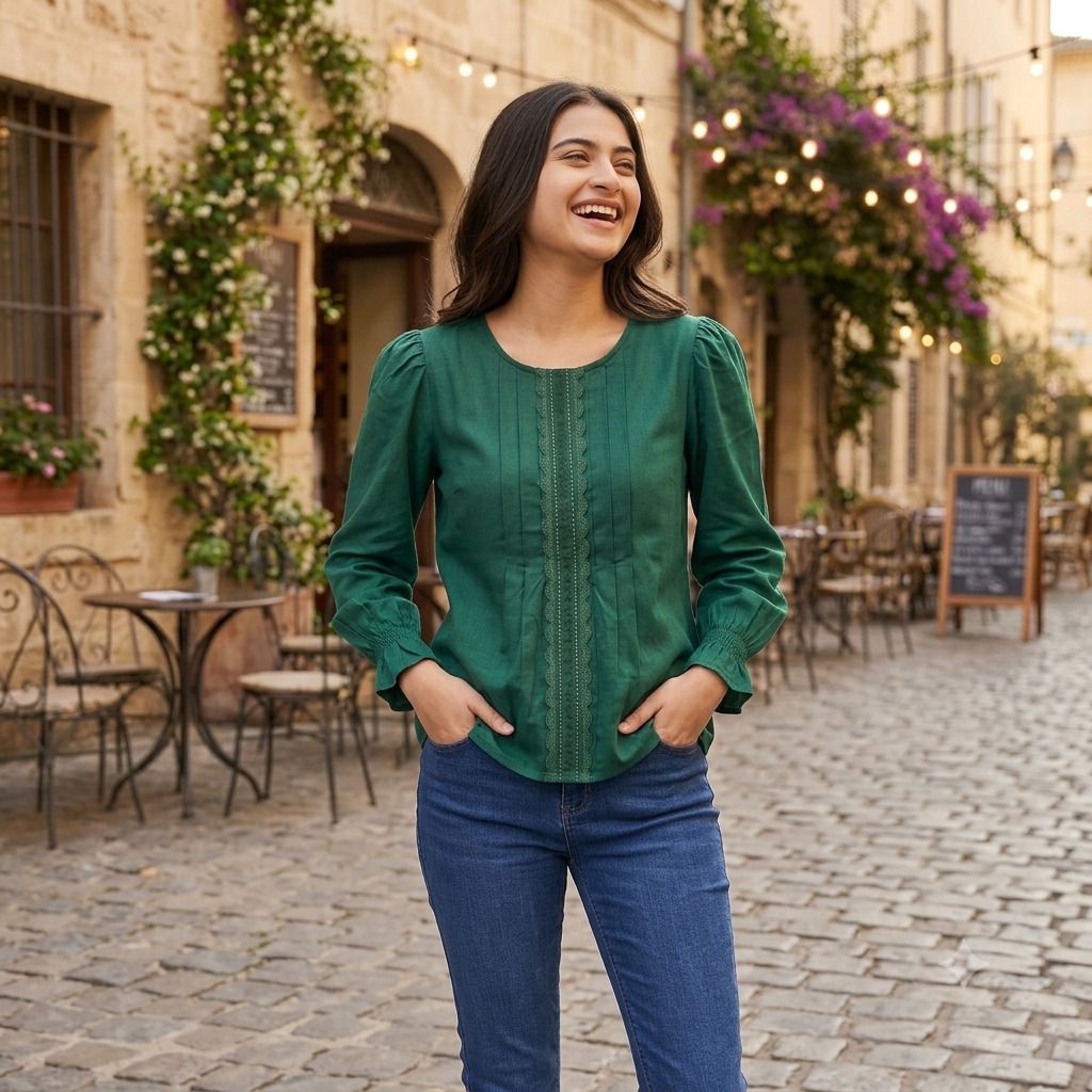 Casual Puff Sleeves Self Design, Lace Women Dark Green Top-image-15
