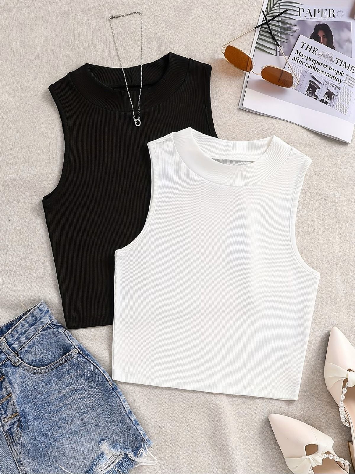 Pack of 2 Casual Sleeveless Solid Women Black, White Top-image-37