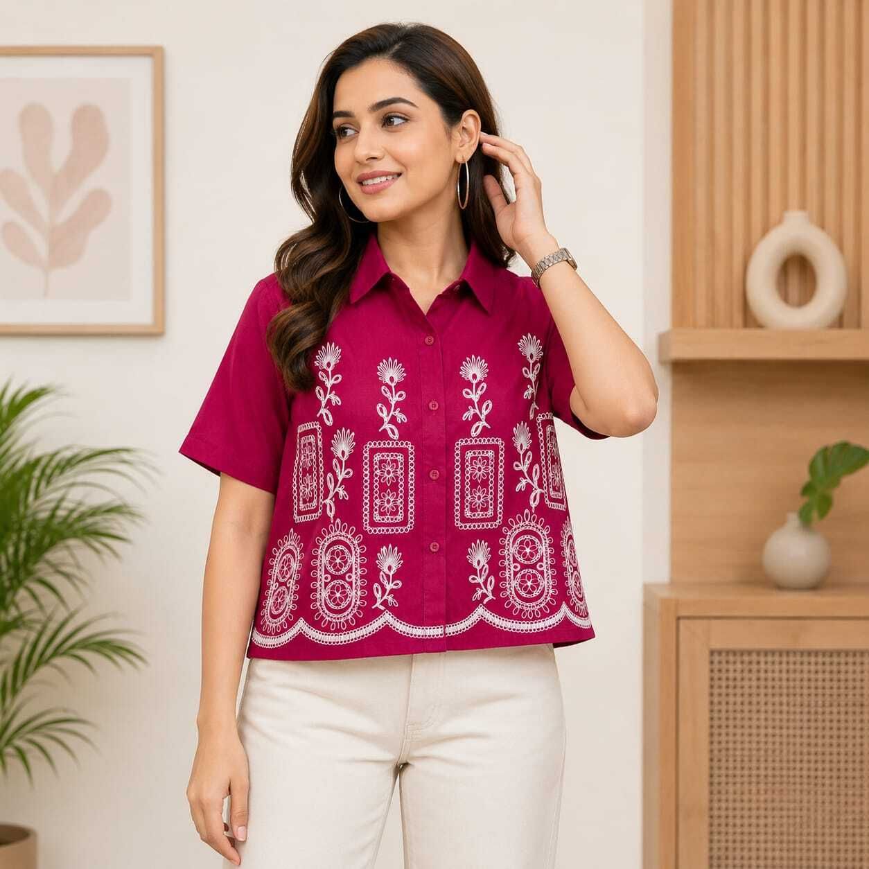 Casual Regular Sleeves Embroidered Women Pink Top-image-48
