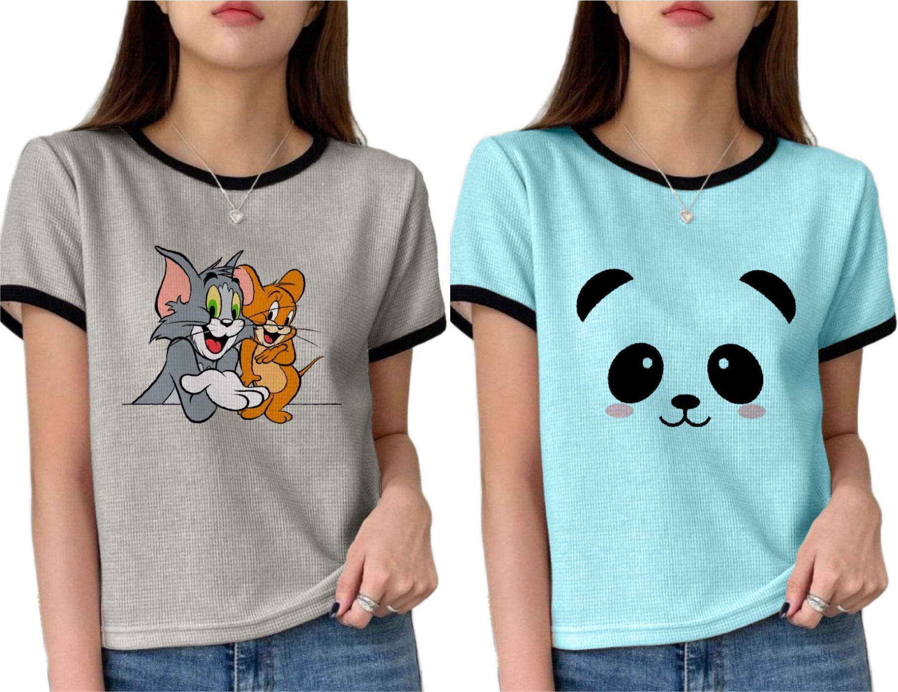 Women Printed Round Neck Cotton Blend Grey, Light Blue T-Shirt-image-35