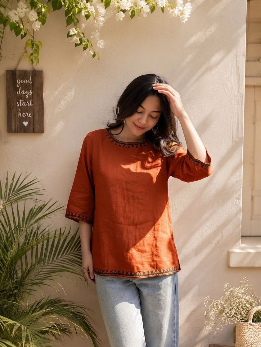 modak Casual Regular Sleeves Embroidered, Solid Women Orange Top-picture-27