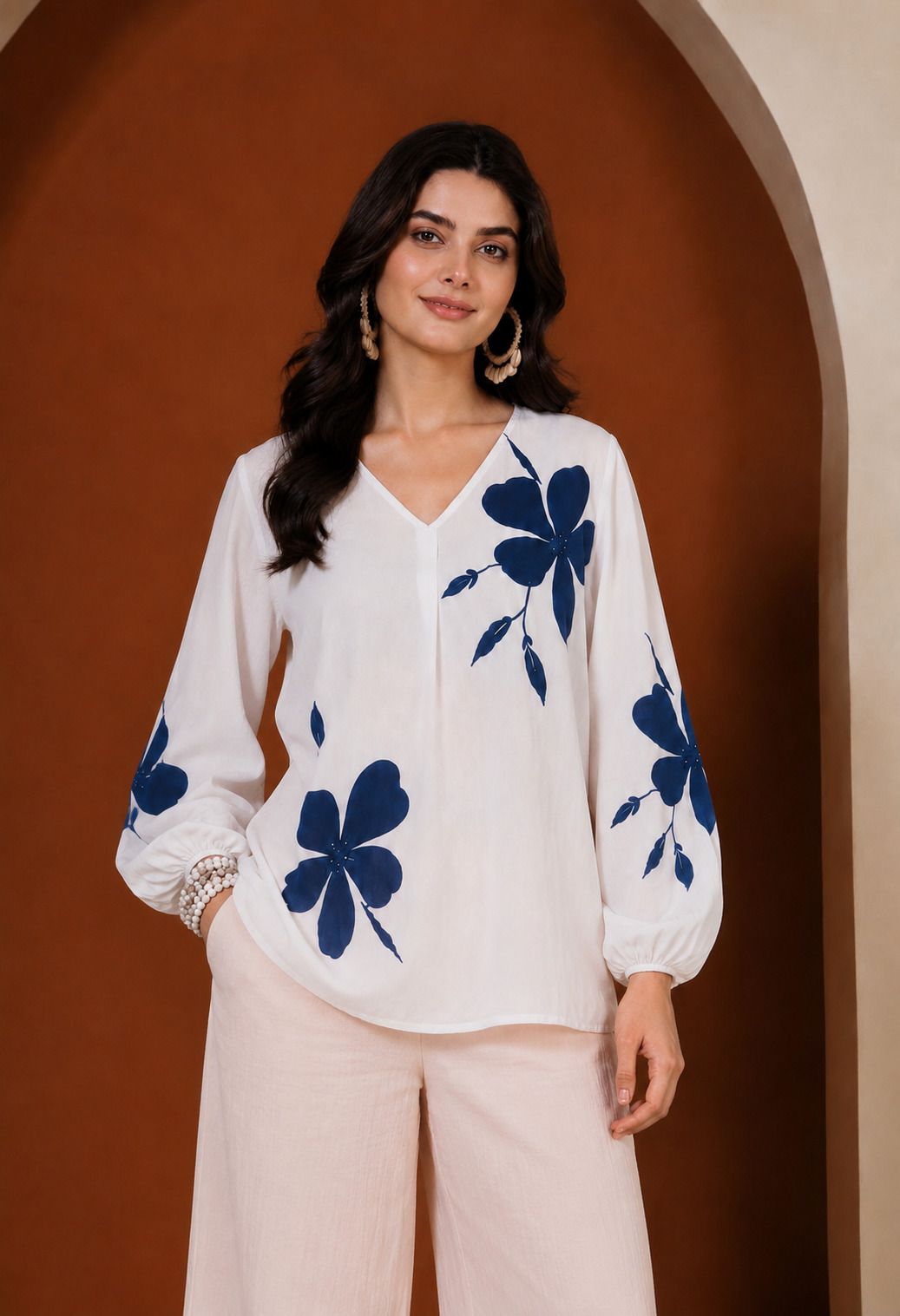 nandi Casual Balloon Sleeve Floral Print, Printed Women White, Blue Top-picture-4