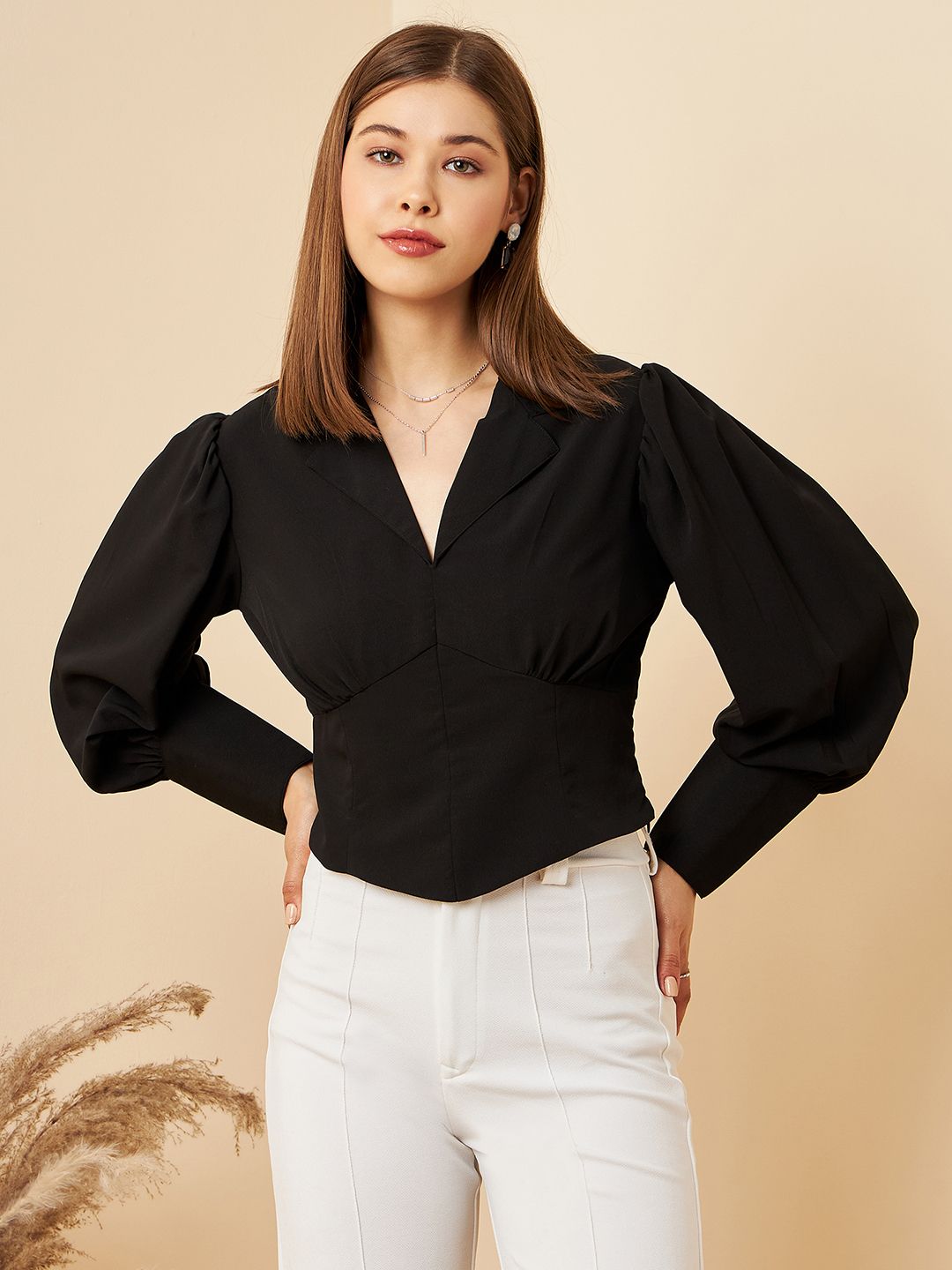 rare Casual Cuffed Sleeves Solid Women Black Top-picture-11