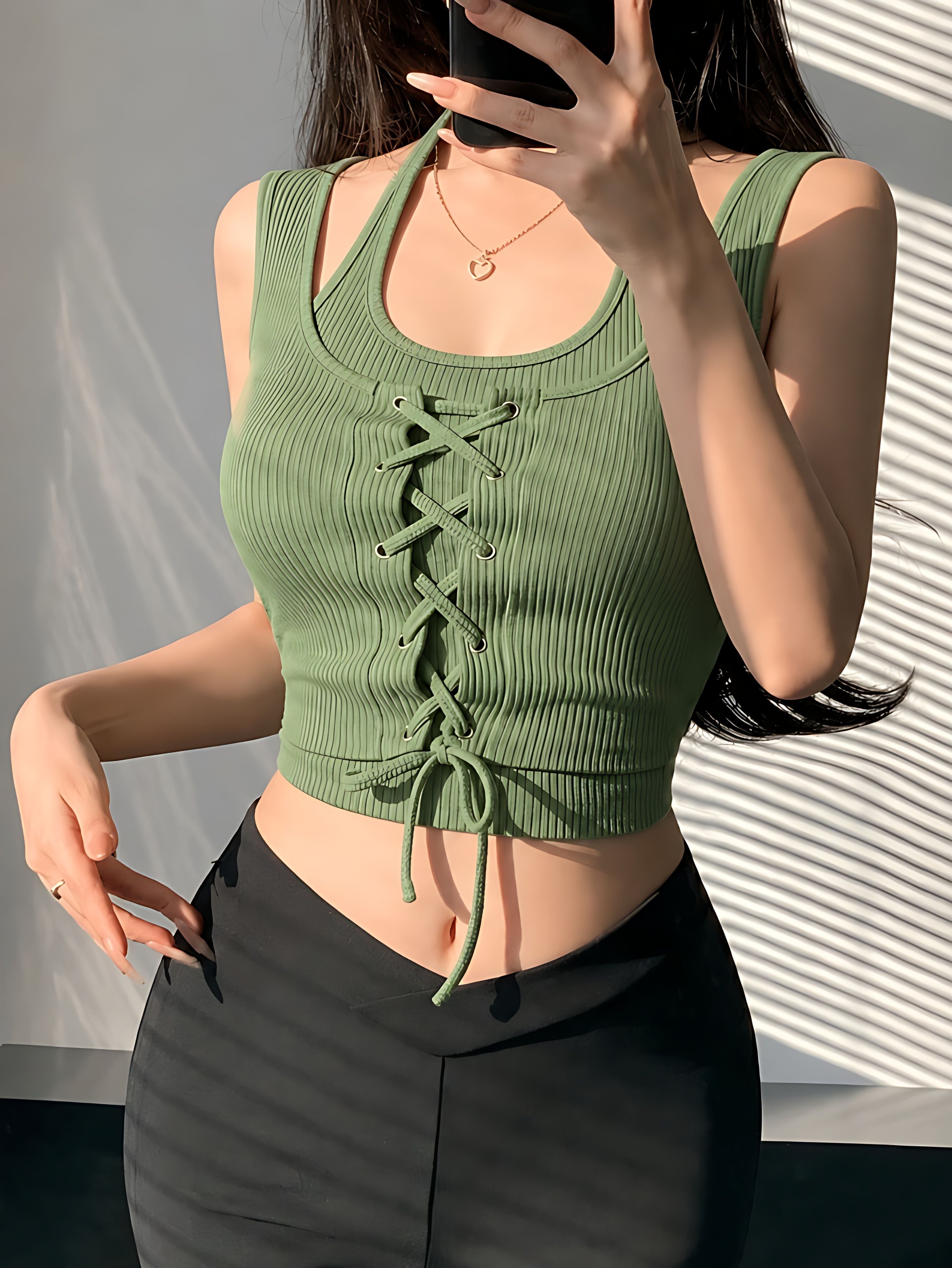Casual Sleeveless Self Design Women Dark Green Top-image-46