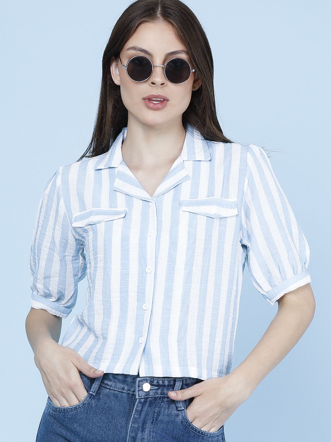 v-mart Casual Regular Sleeves Striped Women Blue Top-picture-5