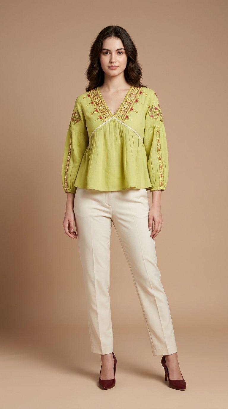Casual Puff Sleeves Embroidered Women Light Green Top-image-25