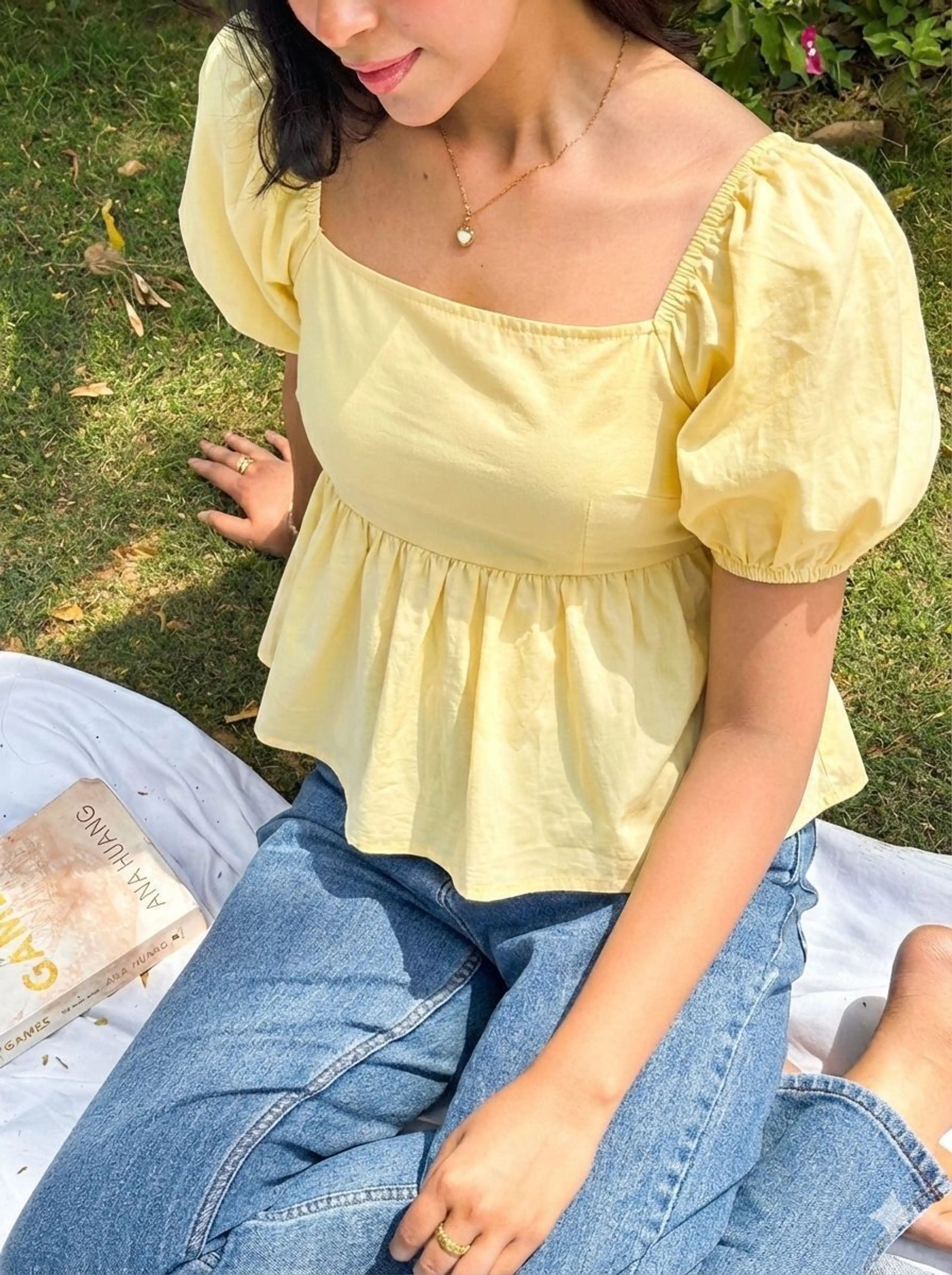 iqrrar Casual Puff Sleeves Solid Women Yellow Top-picture-23