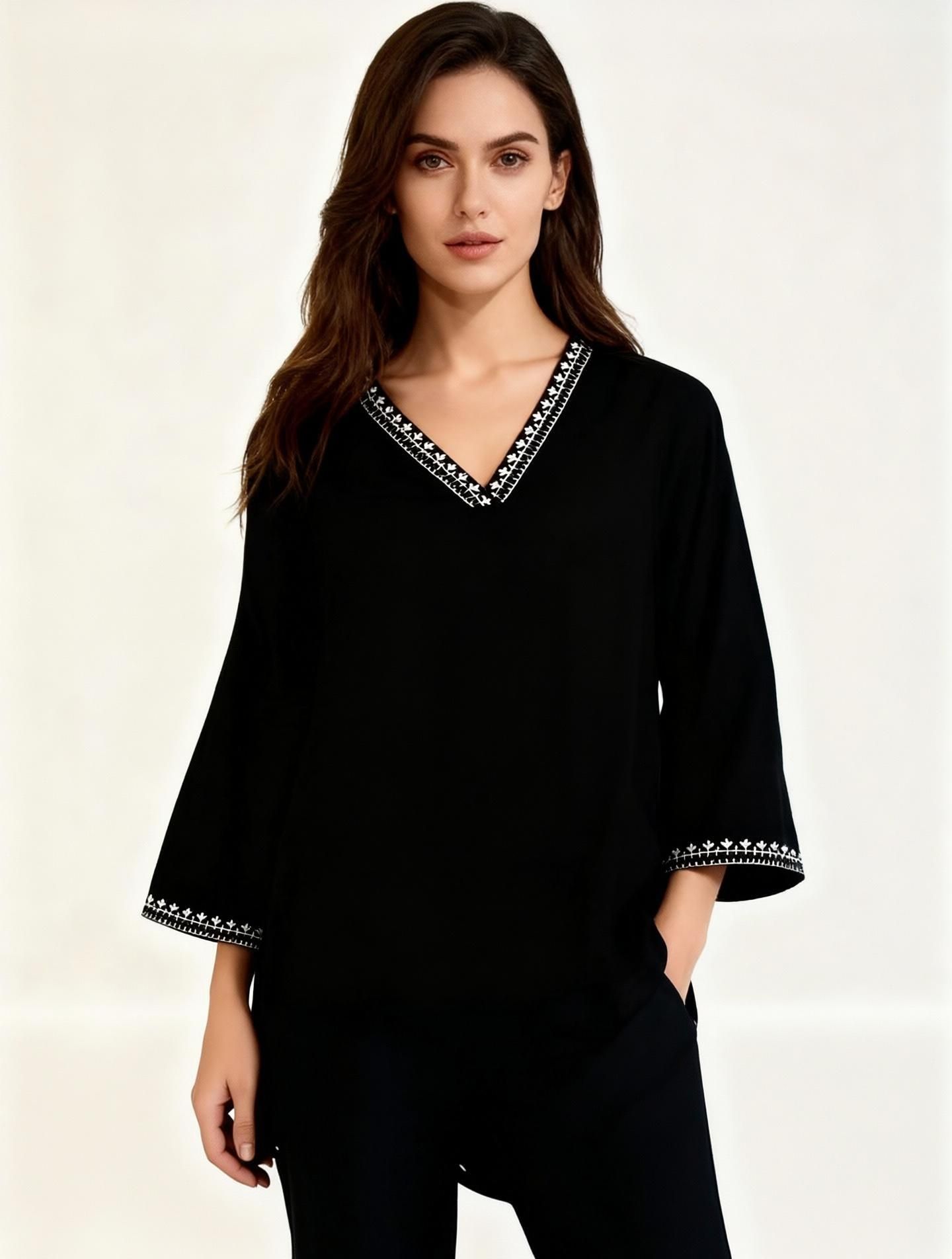 Casual Flared Sleeves Solid, Embroidered, Embellished, Lace, Printed, Striped, Ethnic Motifs Women Black Top-image-3