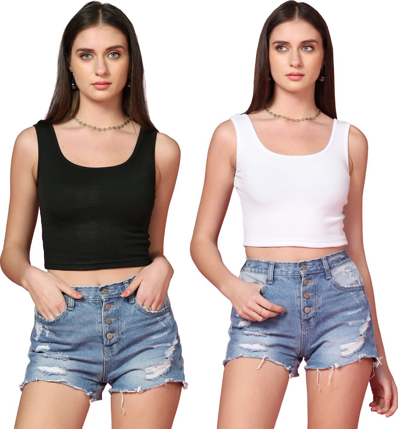 Pack of 2 Casual Sleeveless Solid Women Black, White Top-image-34