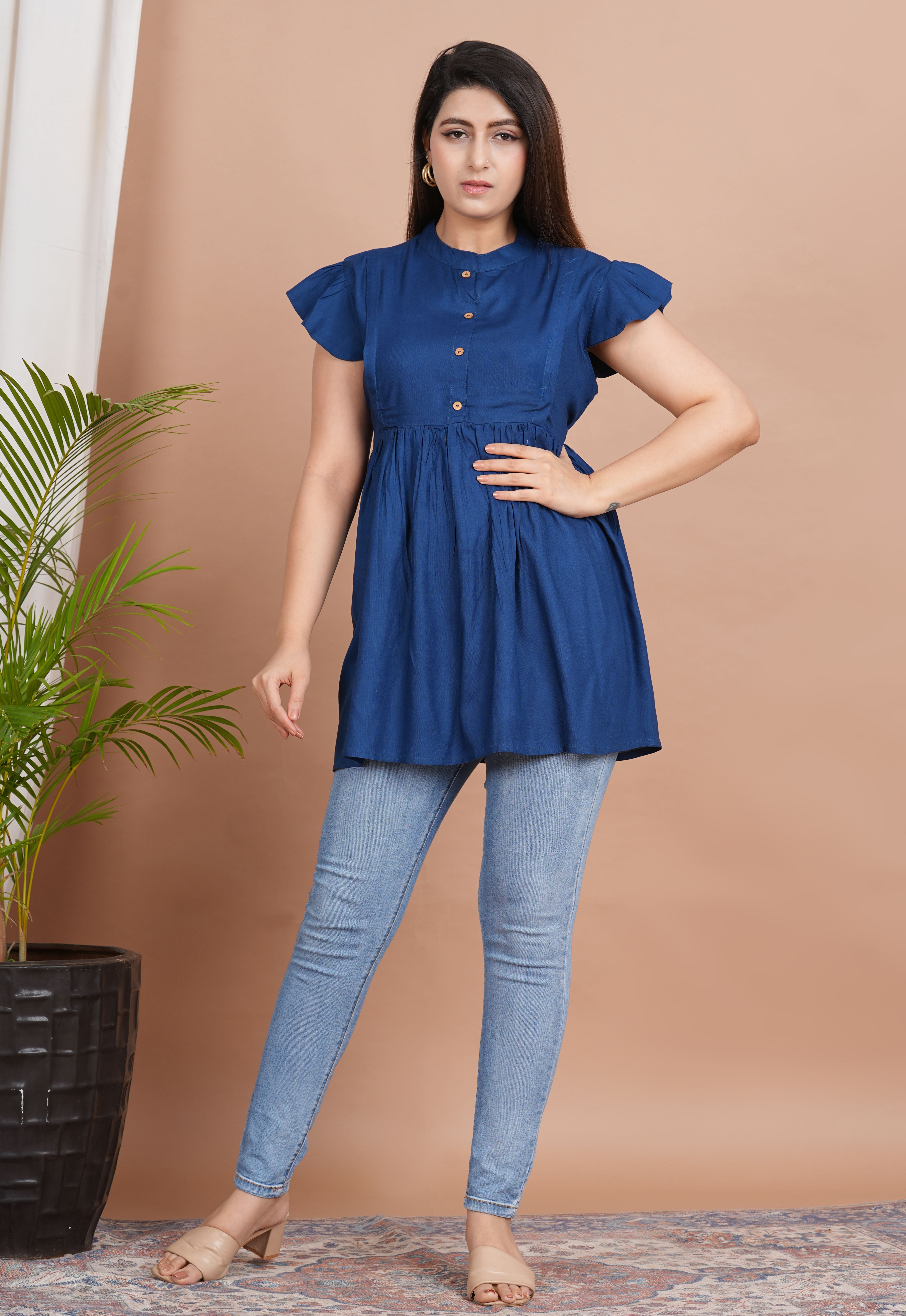 ysify Casual Cap Sleeves Solid Women Blue Top-picture-18