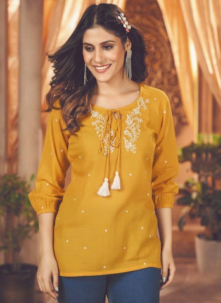 Casual Cap Sleeves Embroidered Women Yellow Top