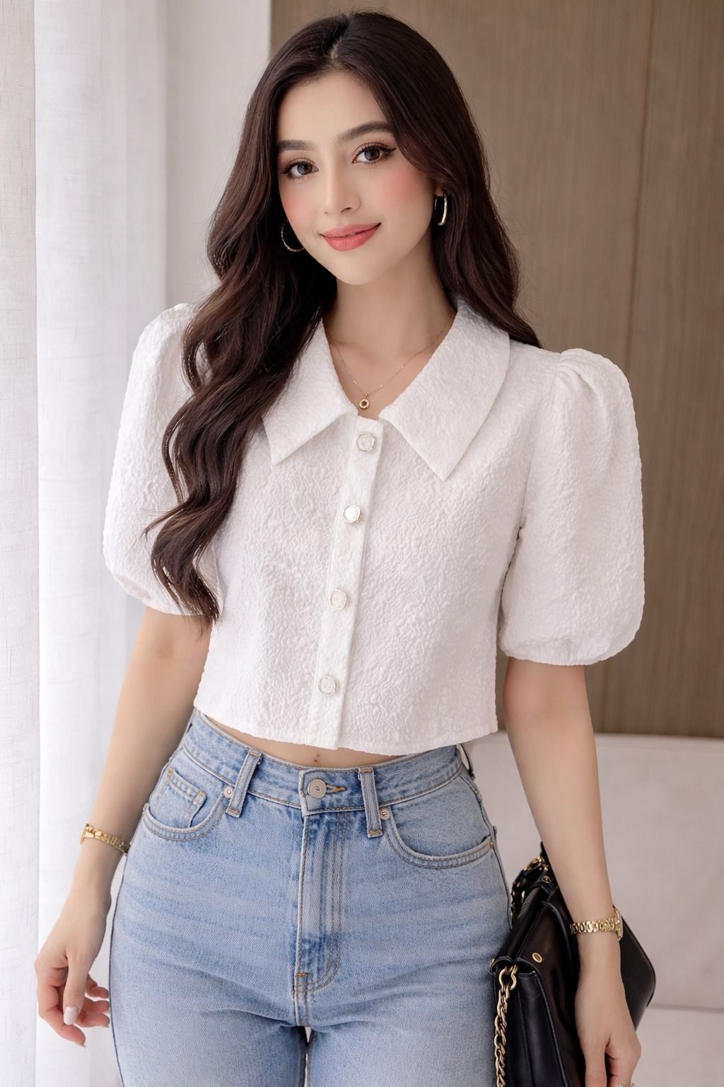 dossier's Casual Puff Sleeves Self Design Women White Top-picture-26