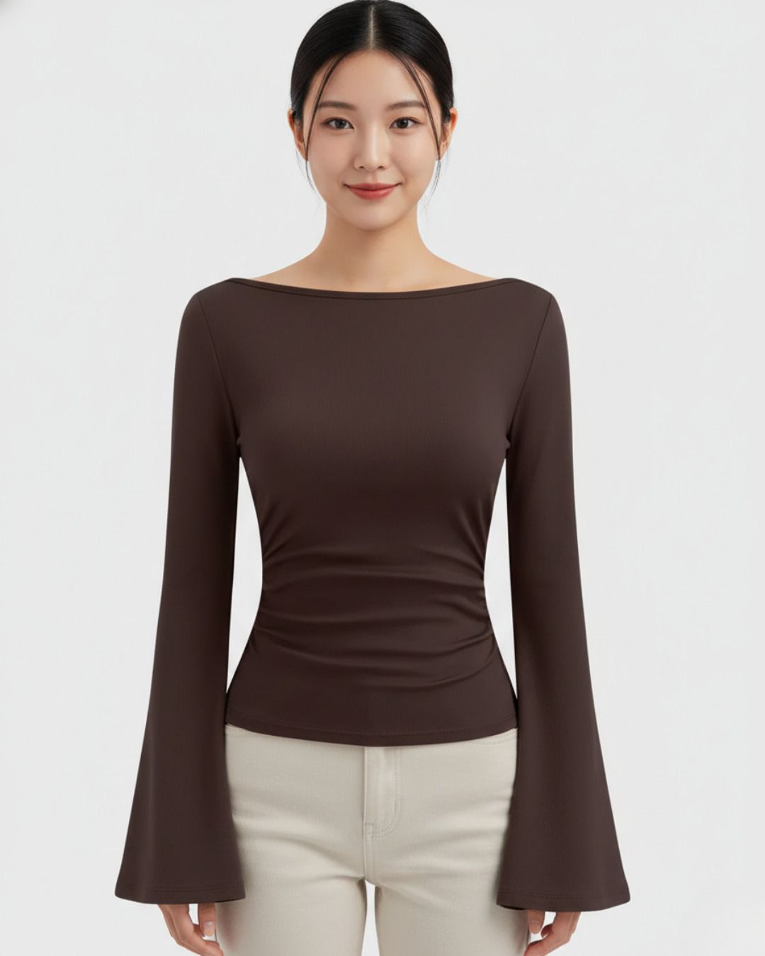 happybestie Casual Bell Sleeves Solid Women Brown Top-picture-23