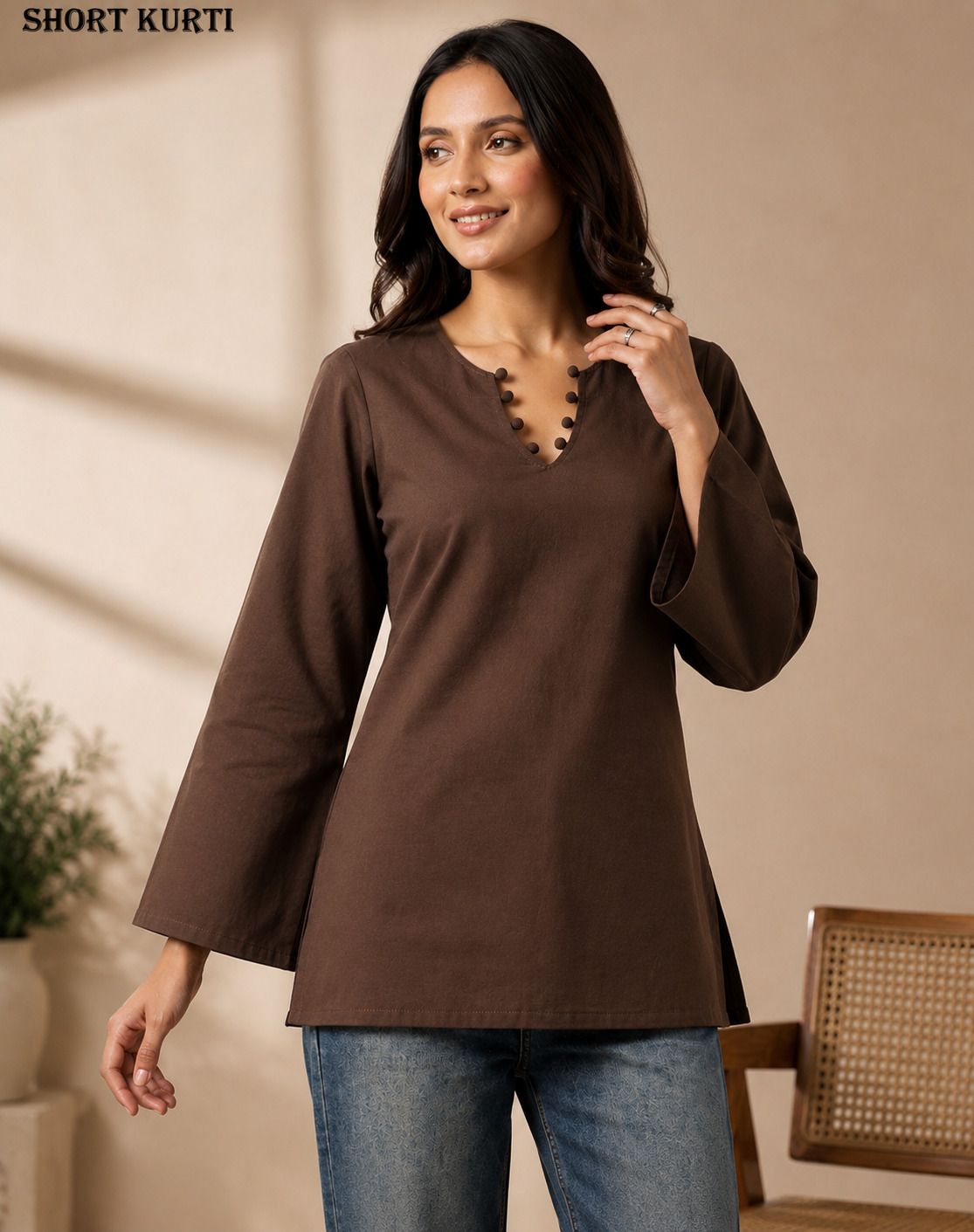 Casual Bell Sleeves Solid Women Brown Top-image-6