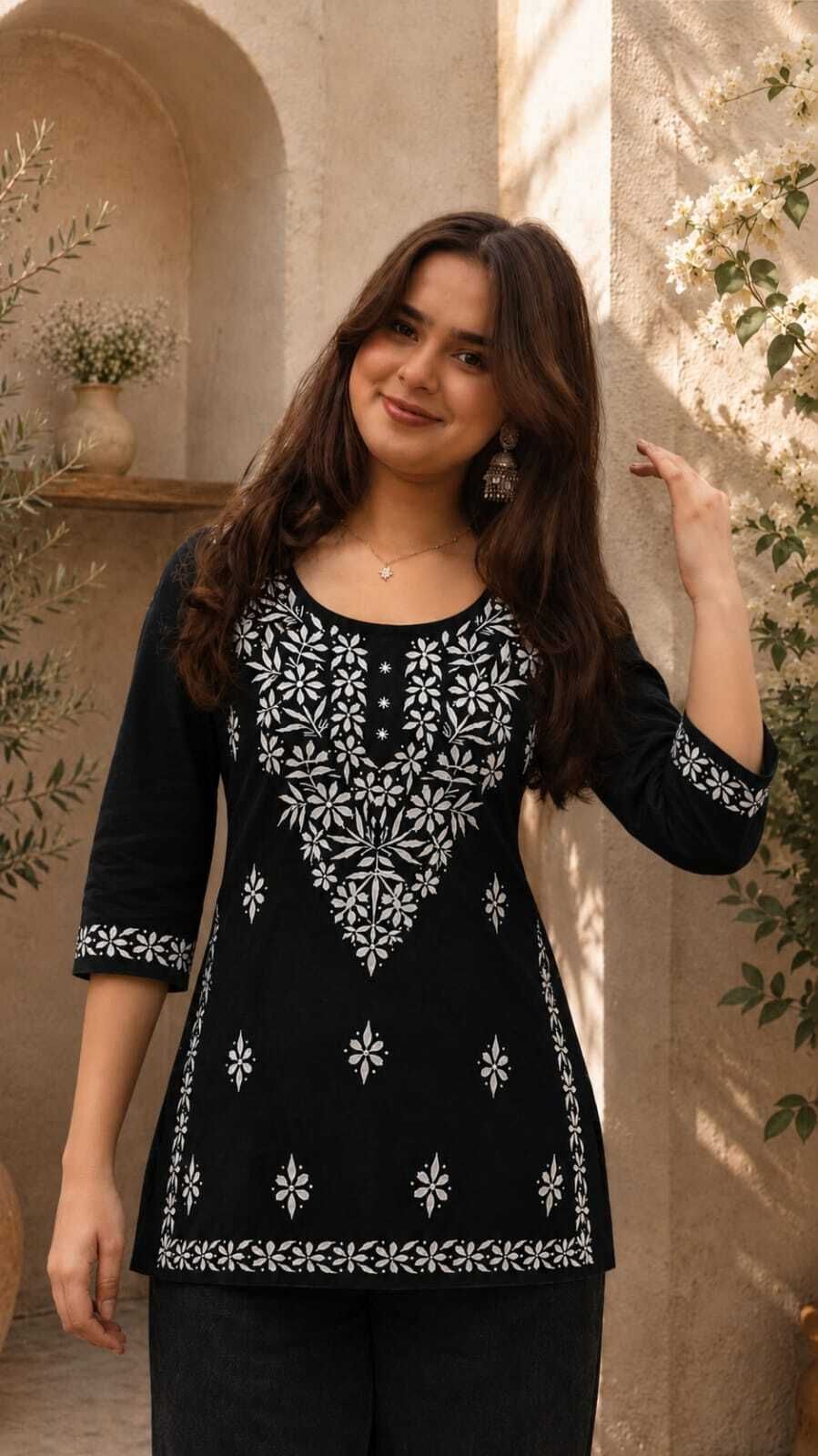 Casual Cap Sleeves Embroidered Women Black Top-image-42