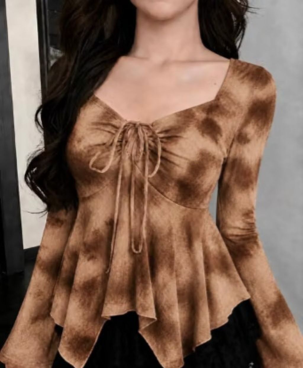 Casual Bell Sleeves Tie & Dye Women Brown, White Top-image-20