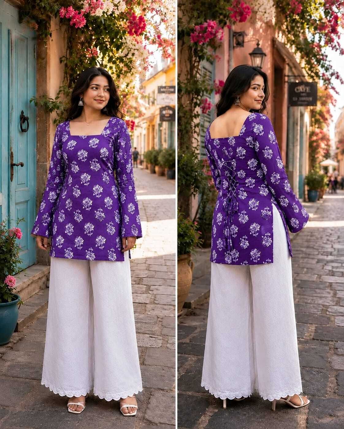 Casual Bell Sleeves Floral Print Women Purple Top-image-43