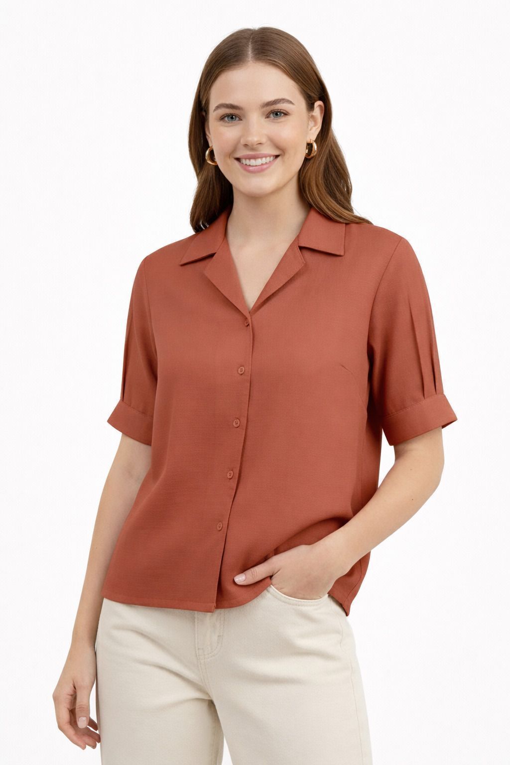 mirana Casual Cuffed Sleeves Solid Women Brown Top-picture-24