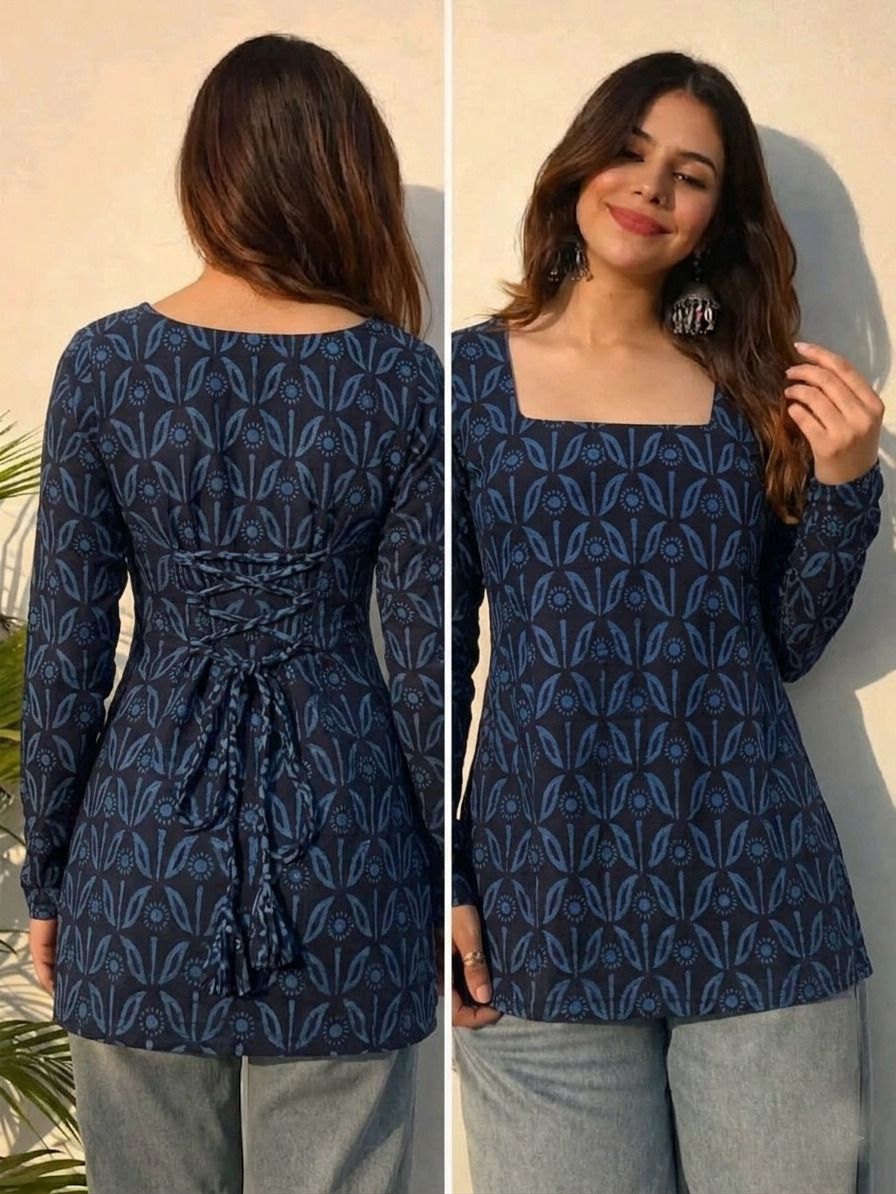 Casual Regular Sleeves Printed Women Blue Top-image-28