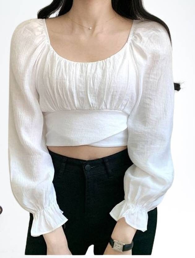 Casual Puff Sleeves Solid Women Black Top-image-7