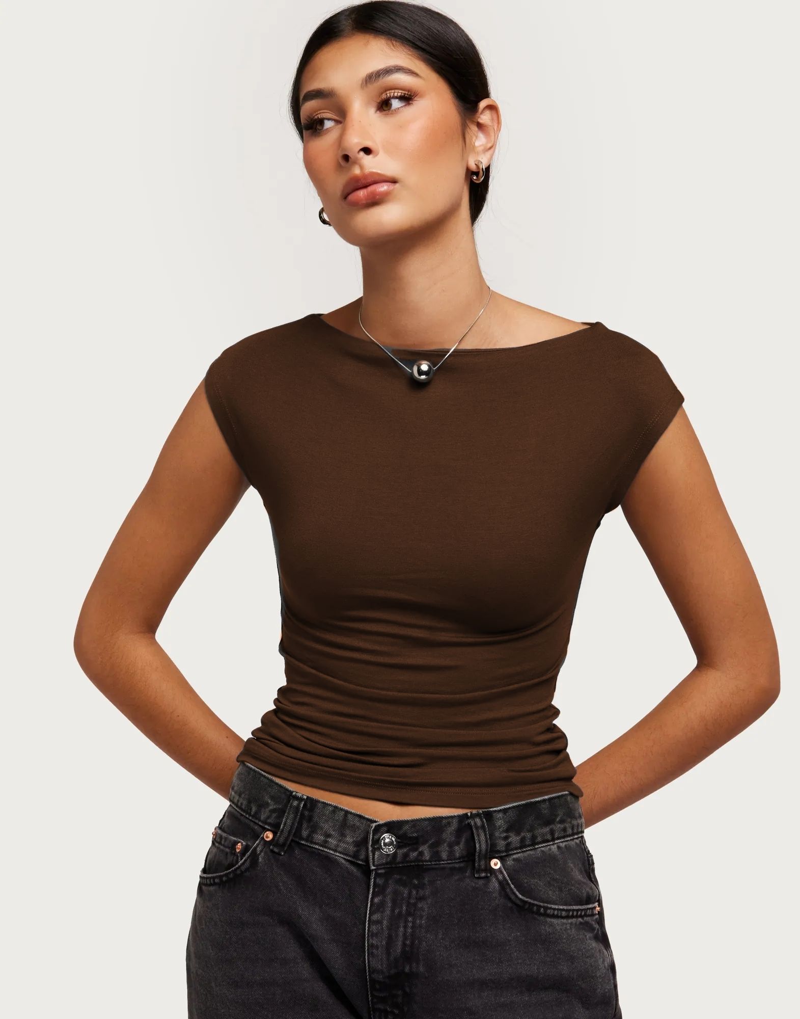 sightbomb Party Cap Sleeves Solid Women Brown Top-picture-24
