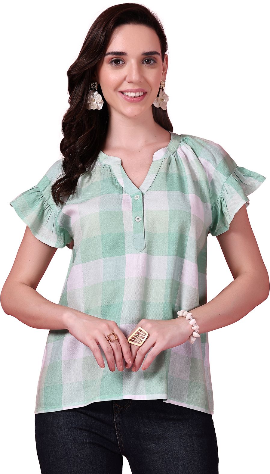 nomad lifestyle Casual Flutter Sleeves Checkered Women Green Top-picture-36
