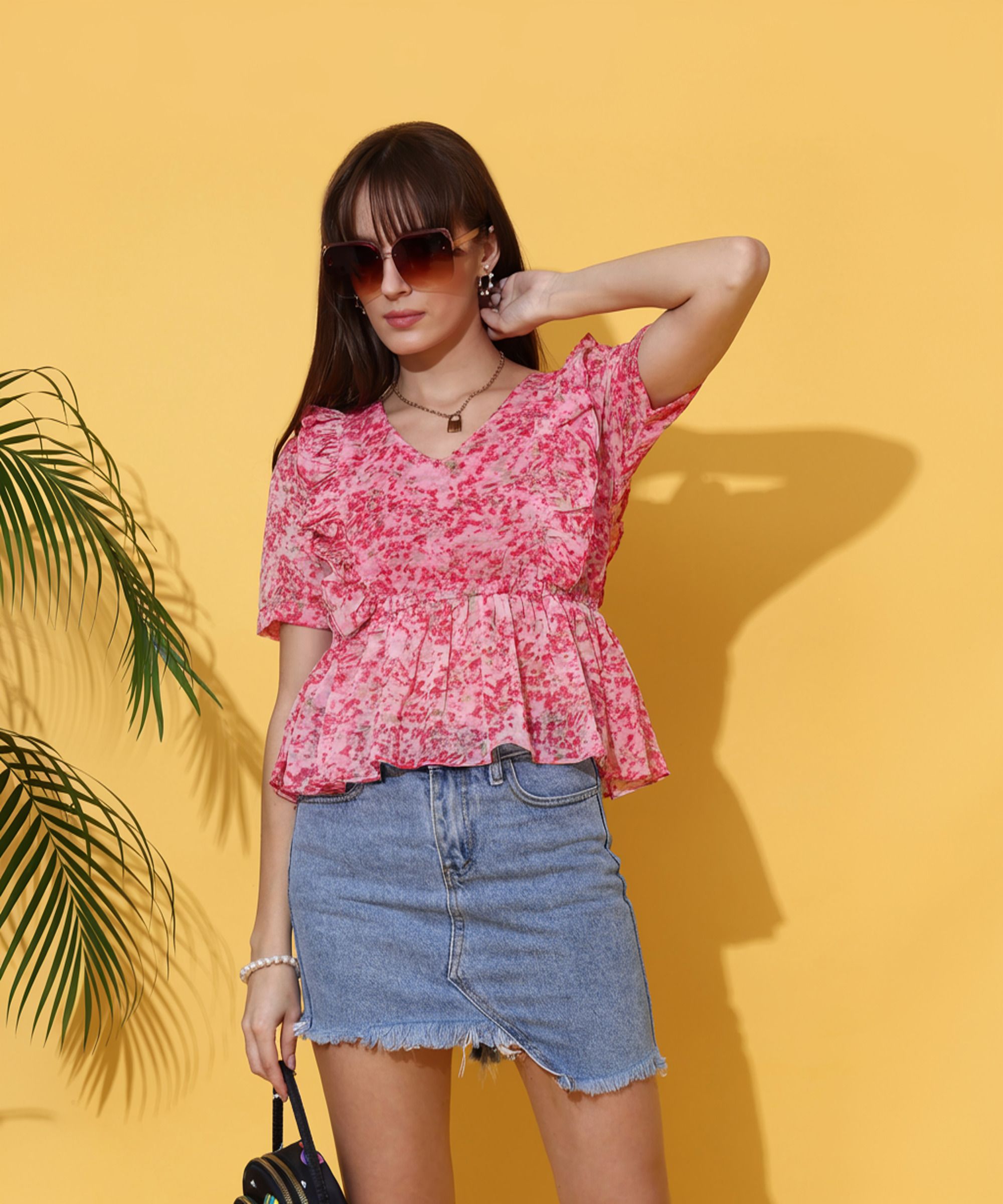 honky tonky Casual Puff Sleeves Printed Women Pink Top-picture-13