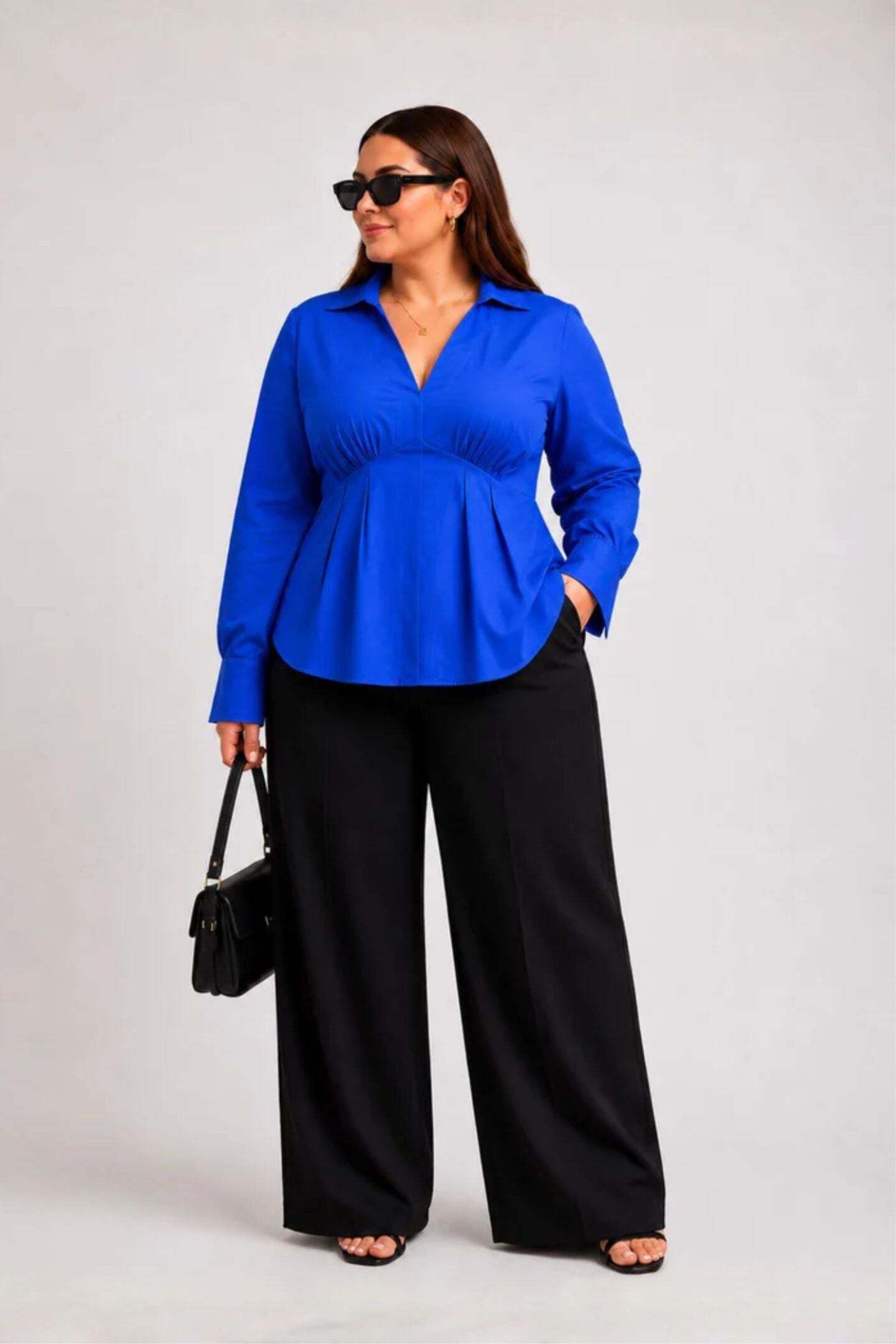 virgio Formal Cuffed Sleeves Solid Women Blue Top-picture-14