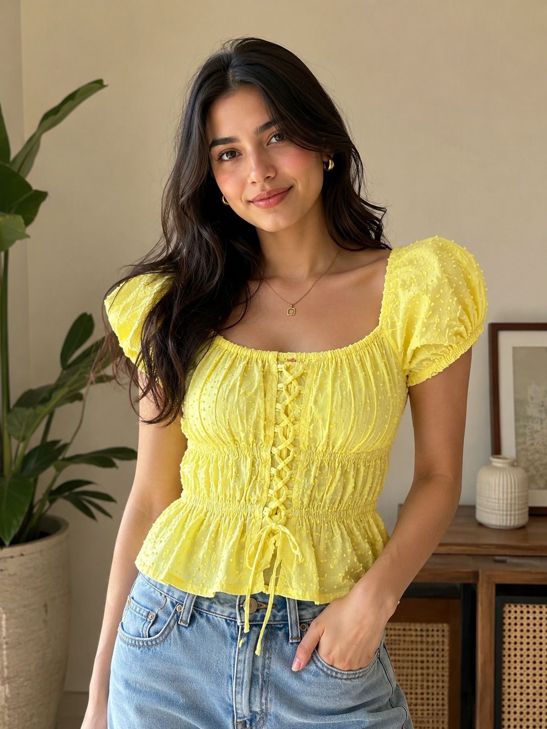 namane Casual Puff Sleeves Self Design Women Yellow Top-picture-11