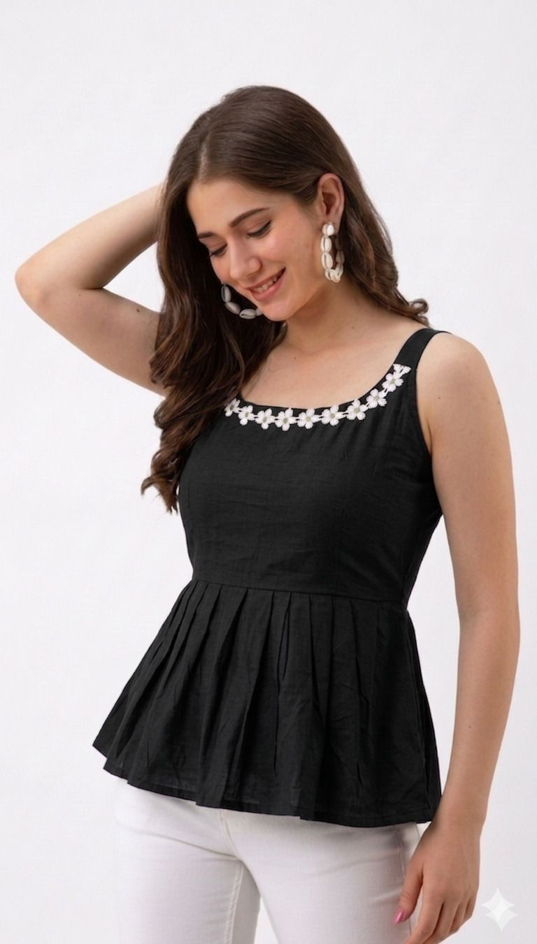 Casual Shoulder Straps Embroidered Women Black Top-image-32