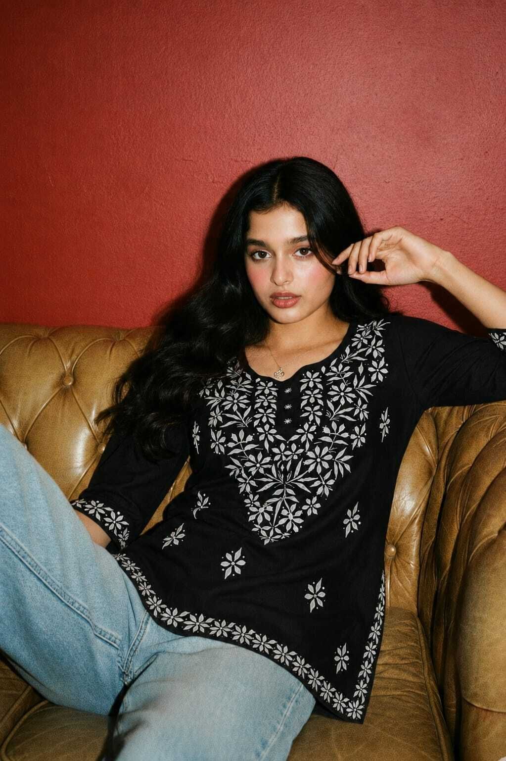 virass creation Casual Cap Sleeves Embroidered Women Black Top-picture-46