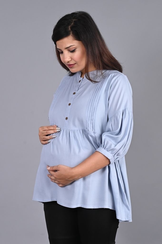 Casual Puff Sleeves Solid Women Light Blue Top-image-16