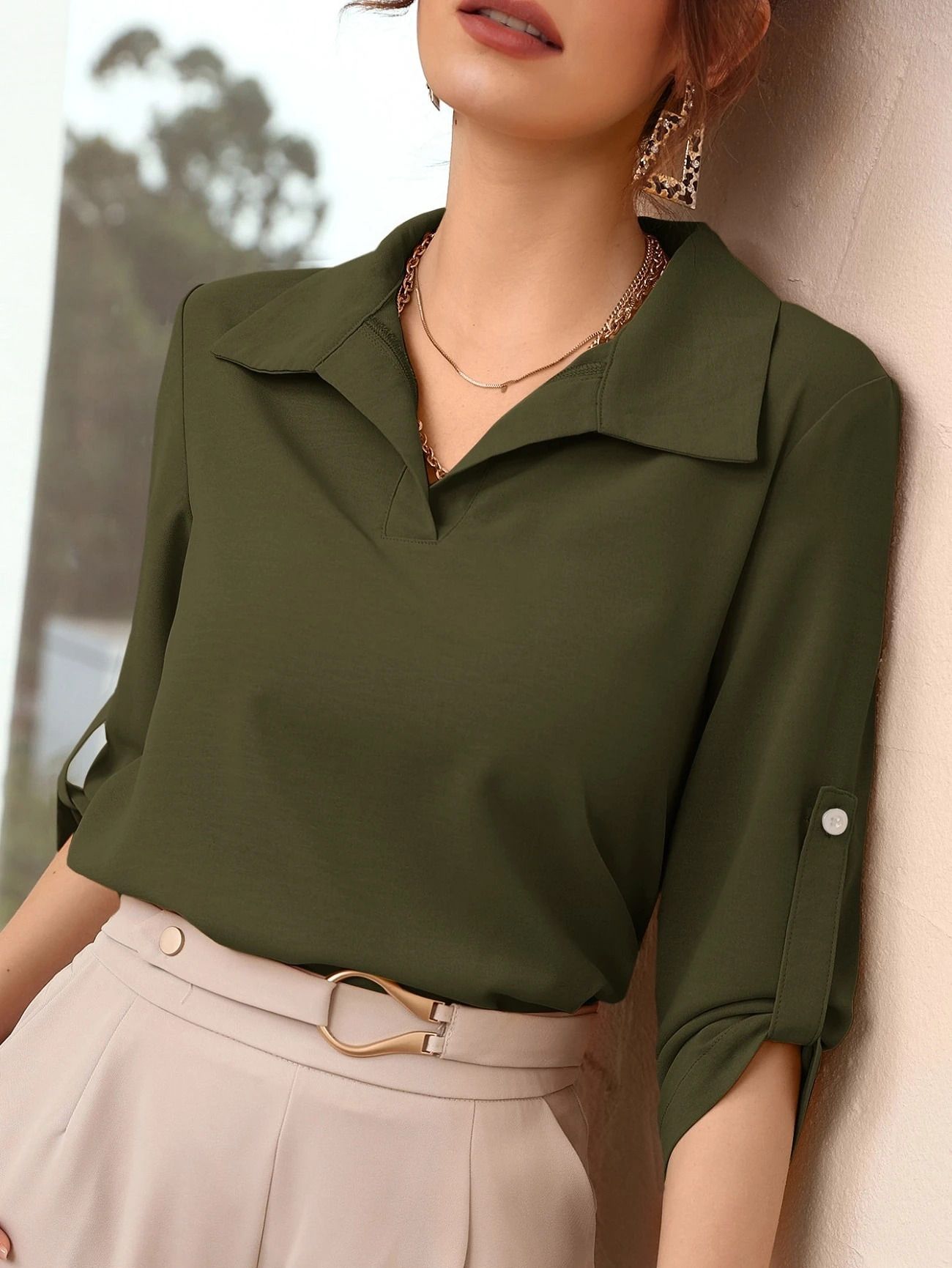 Casual Roll Up Sleeves Solid Women Dark Green Top-image-13