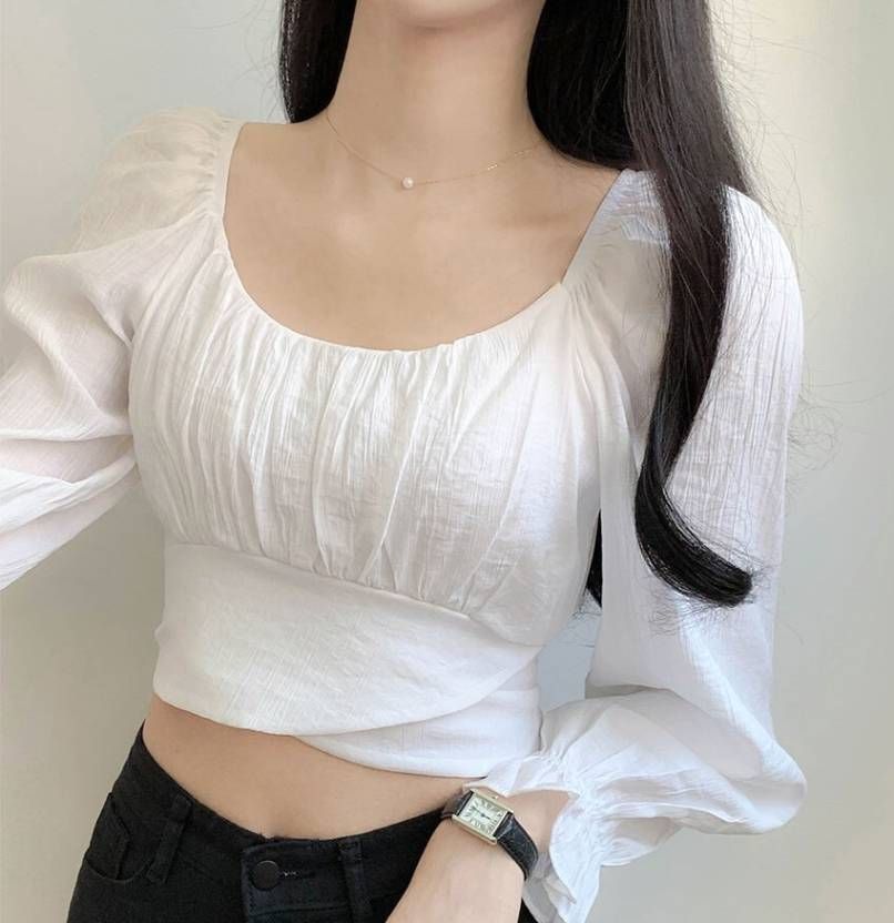Casual Puff Sleeves Solid Women White Top-image-36