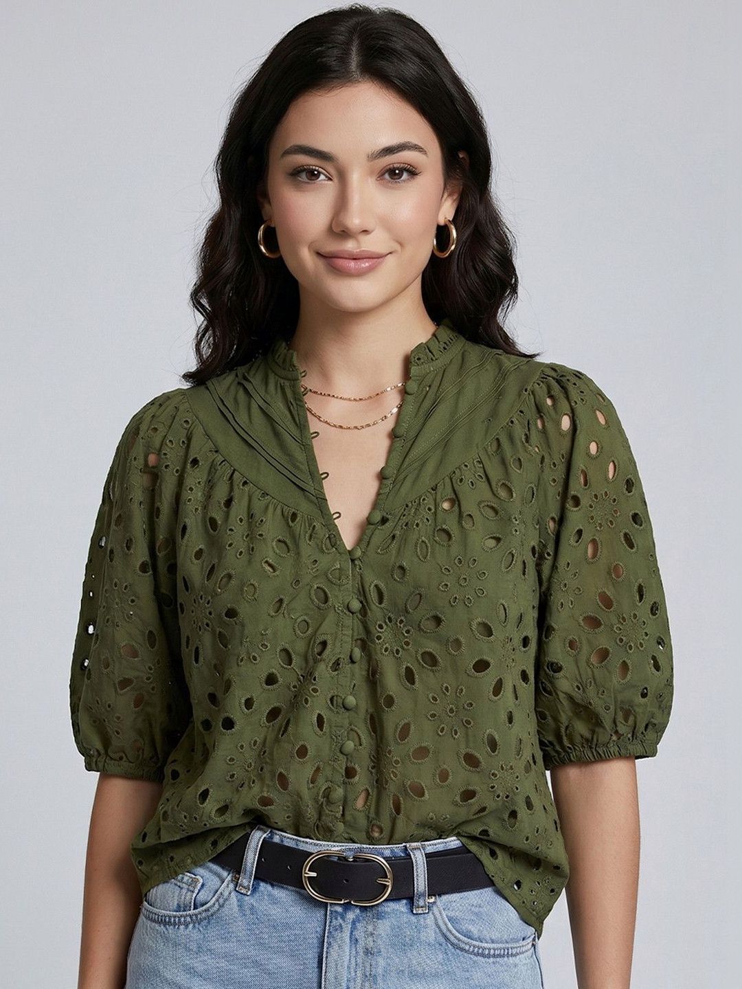bebe Casual Puff Sleeves Embroidered Women Green Top-picture-15