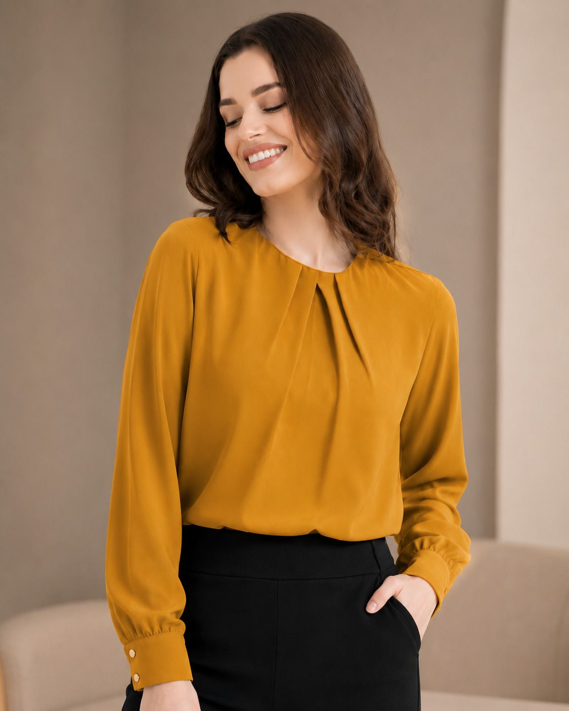 Casual Cuffed Sleeves Solid Women Yellow Top-image-38