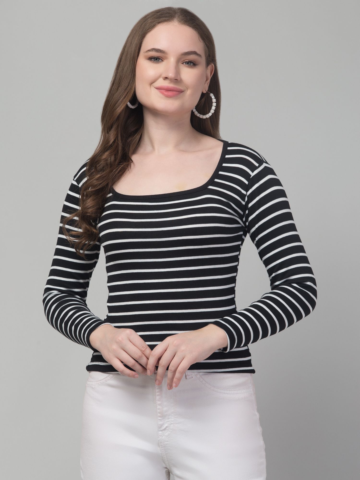 western darji Casual Regular Sleeves Striped Women Black, White Top-picture-32