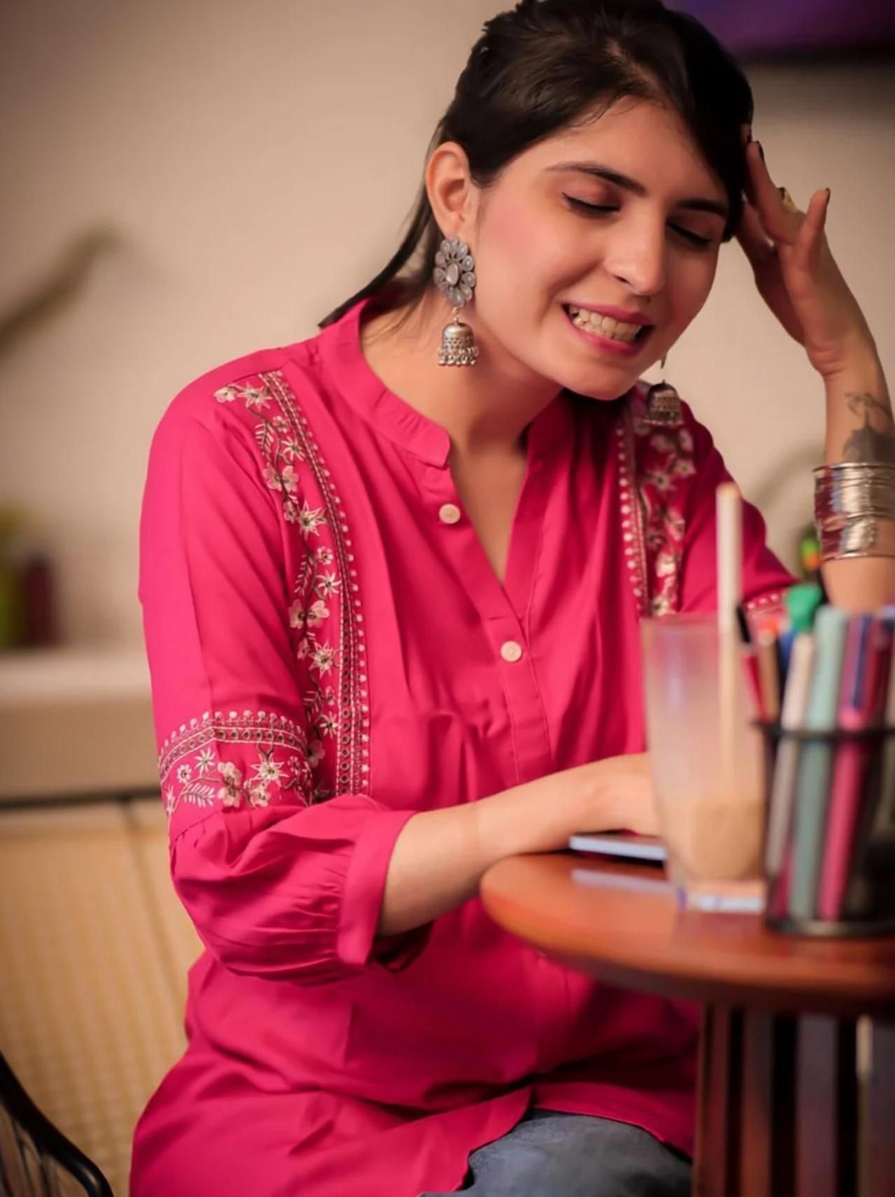 Casual Regular Sleeves Embroidered Women Pink Top-image-14