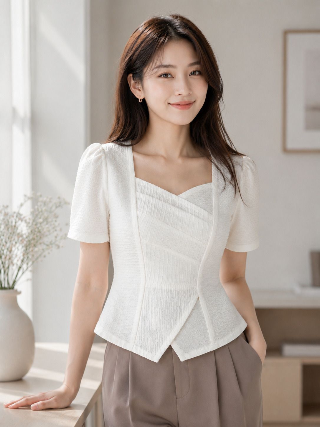 Formal Puff Sleeves Self Design Women White Top-image-42