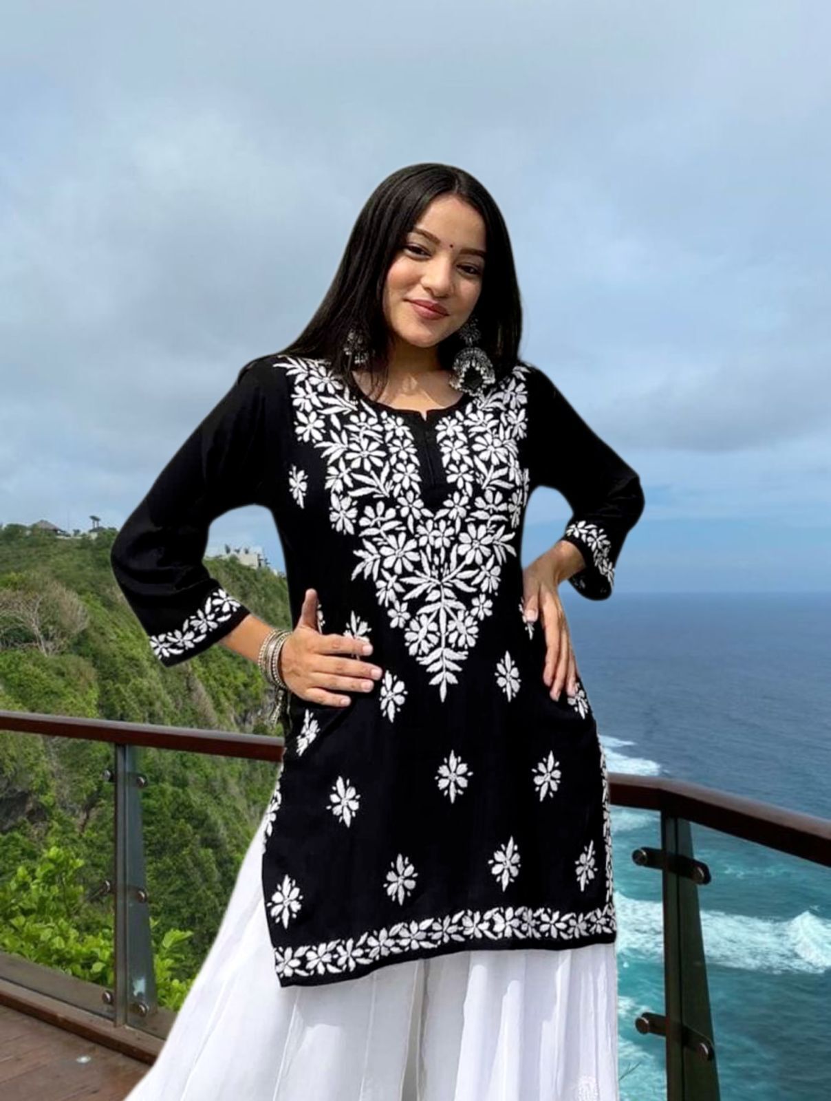 virass creation Casual Cap Sleeves Embroidered Women Black, White Top-picture-24