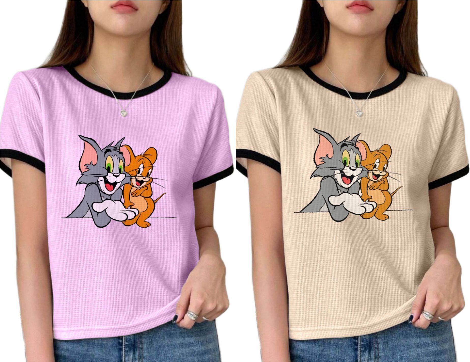 Women Printed Round Neck Cotton Blend Purple, Beige T-Shirt-image-40