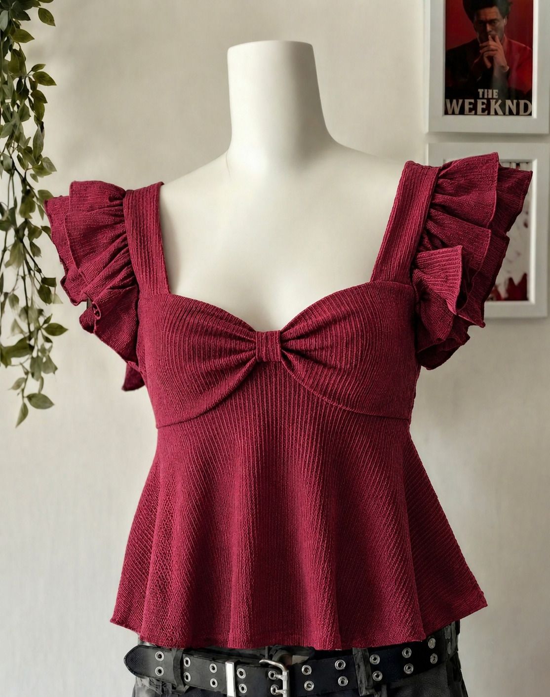 Casual Ruffled Sleeves Self Design Women Maroon Top-image-48