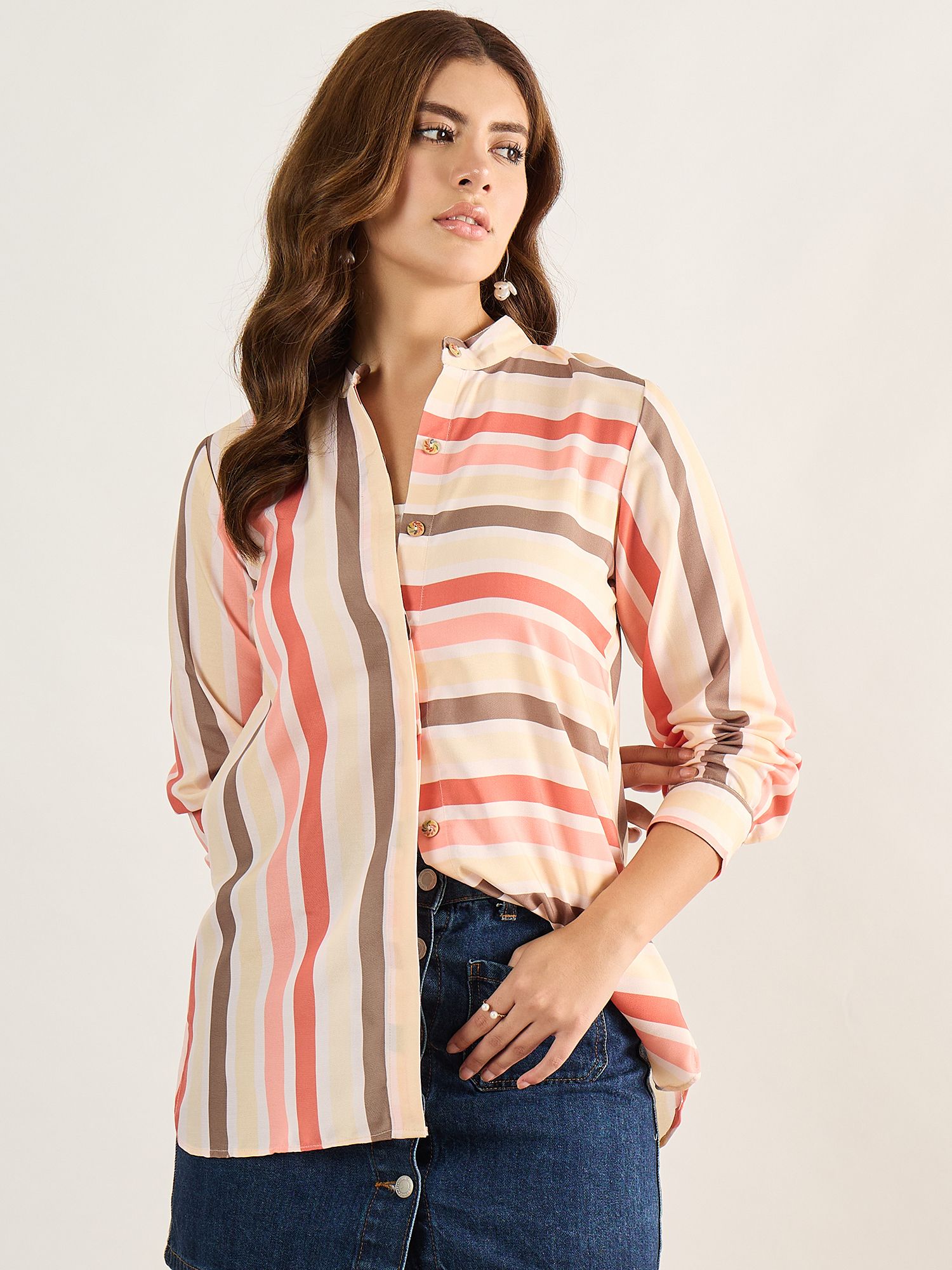 houseofcommon Women Regular Fit Printed Mandarin Collar Casual Shirt-picture-14