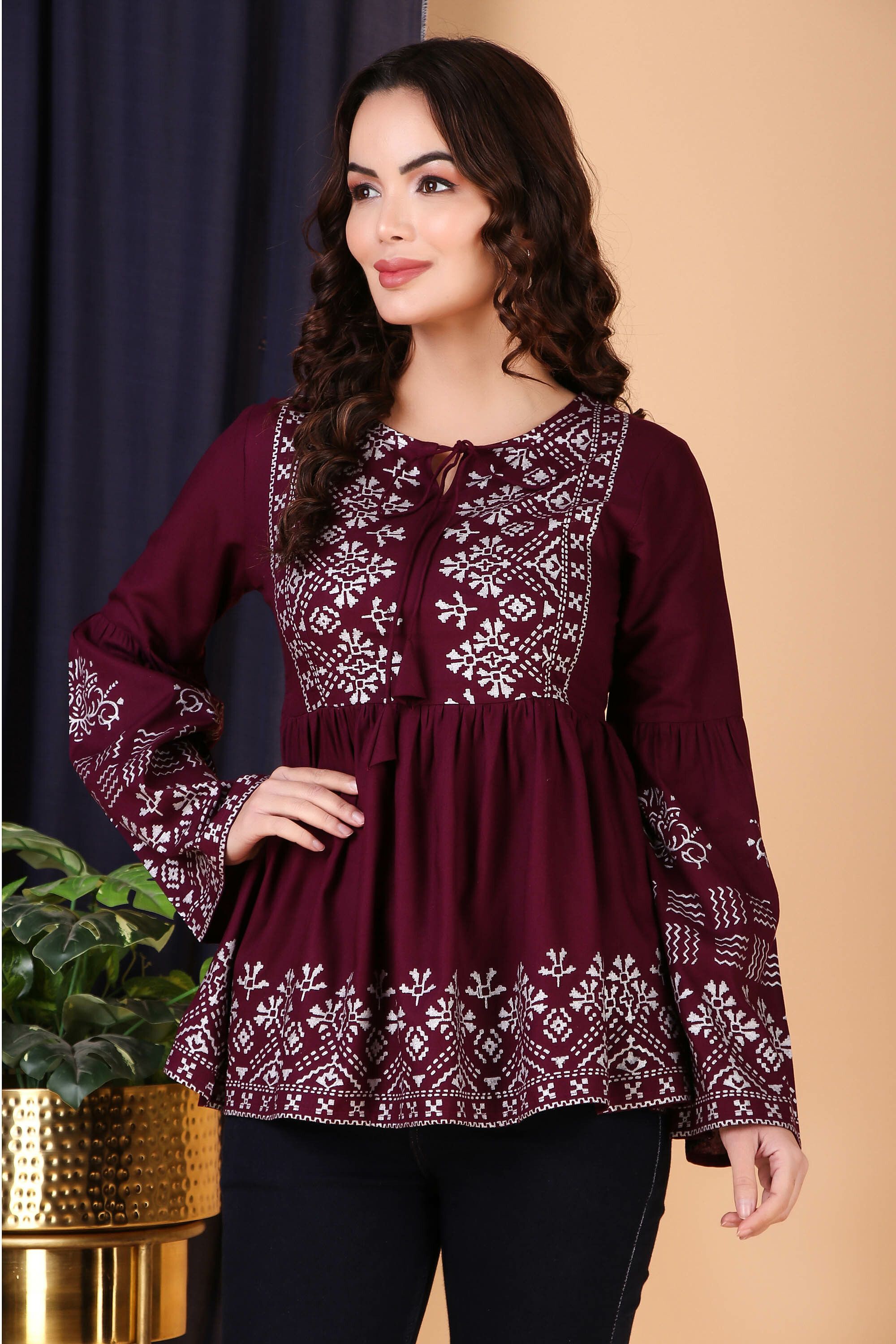 Casual Bell Sleeves Printed Women Maroon Top