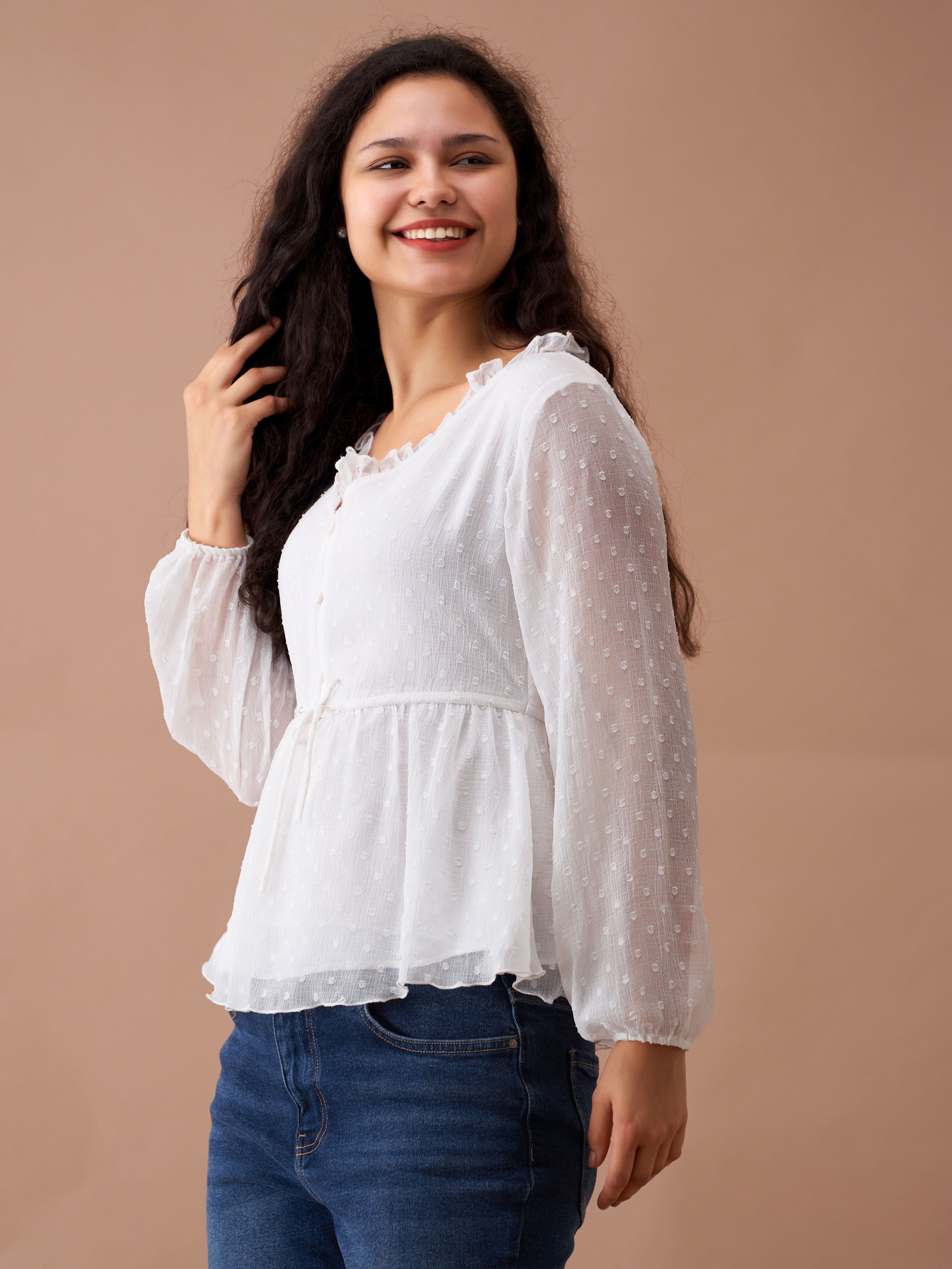 Casual Regular Sleeves Self Design Women White Top