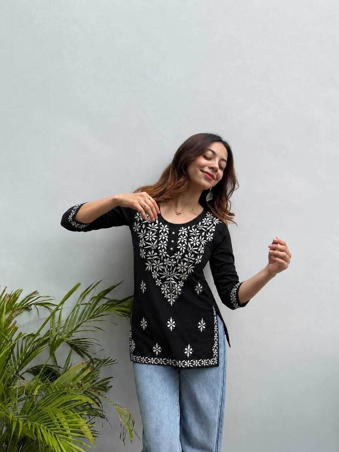 Casual Cap Sleeves Embroidered Women Black Top-image-48
