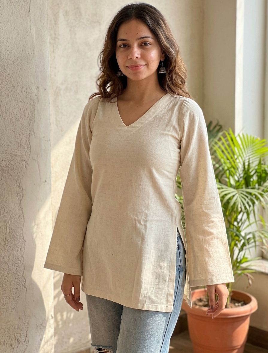 Casual Bell Sleeves Solid Women Beige Top-image-44