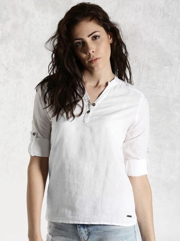 Casual Roll Up Sleeves Solid Women White Top-image-12